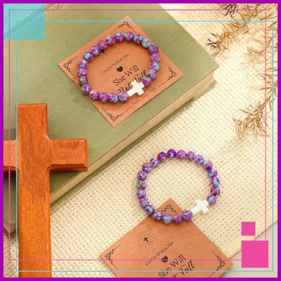 12-Piece Stretch Bracelet Set with Religious Cards, Natural Stone Beads - Picture 7 of 8